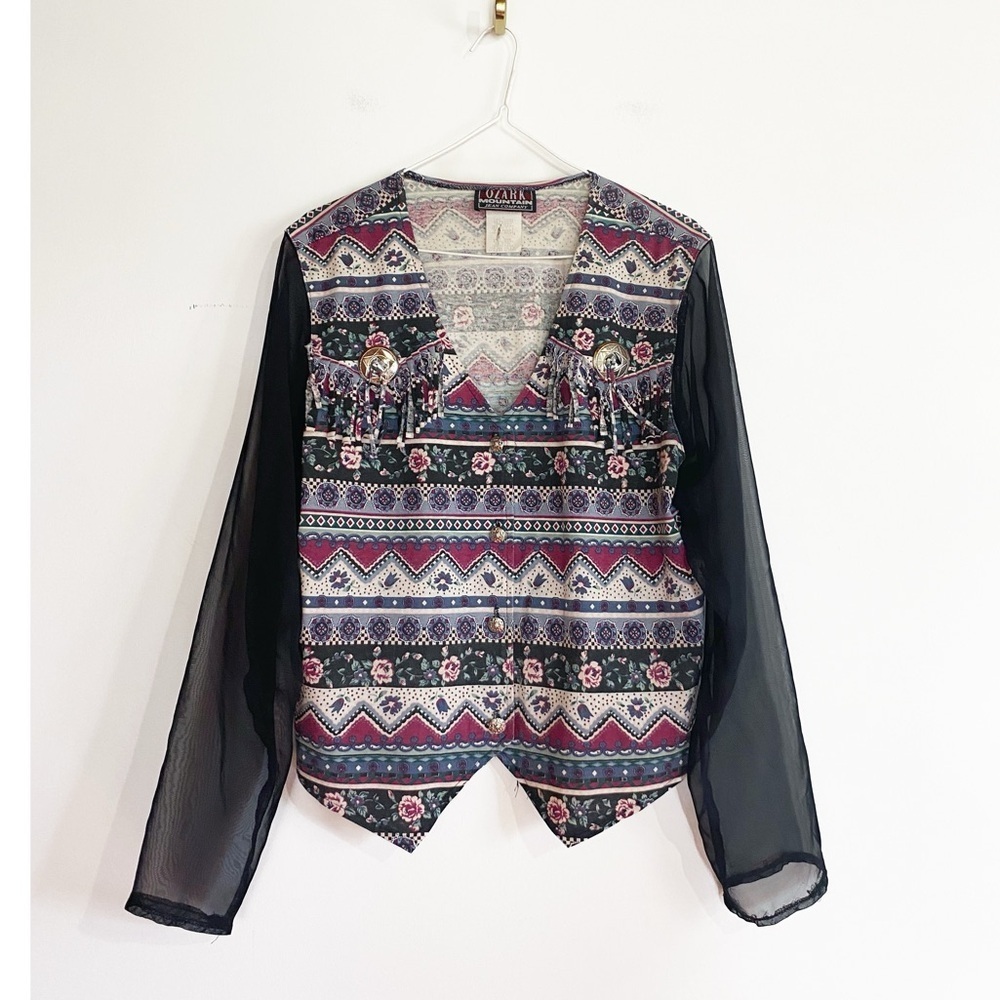 Vtg Ozark Mountain Western style Top Sheer sleeves Womens size L